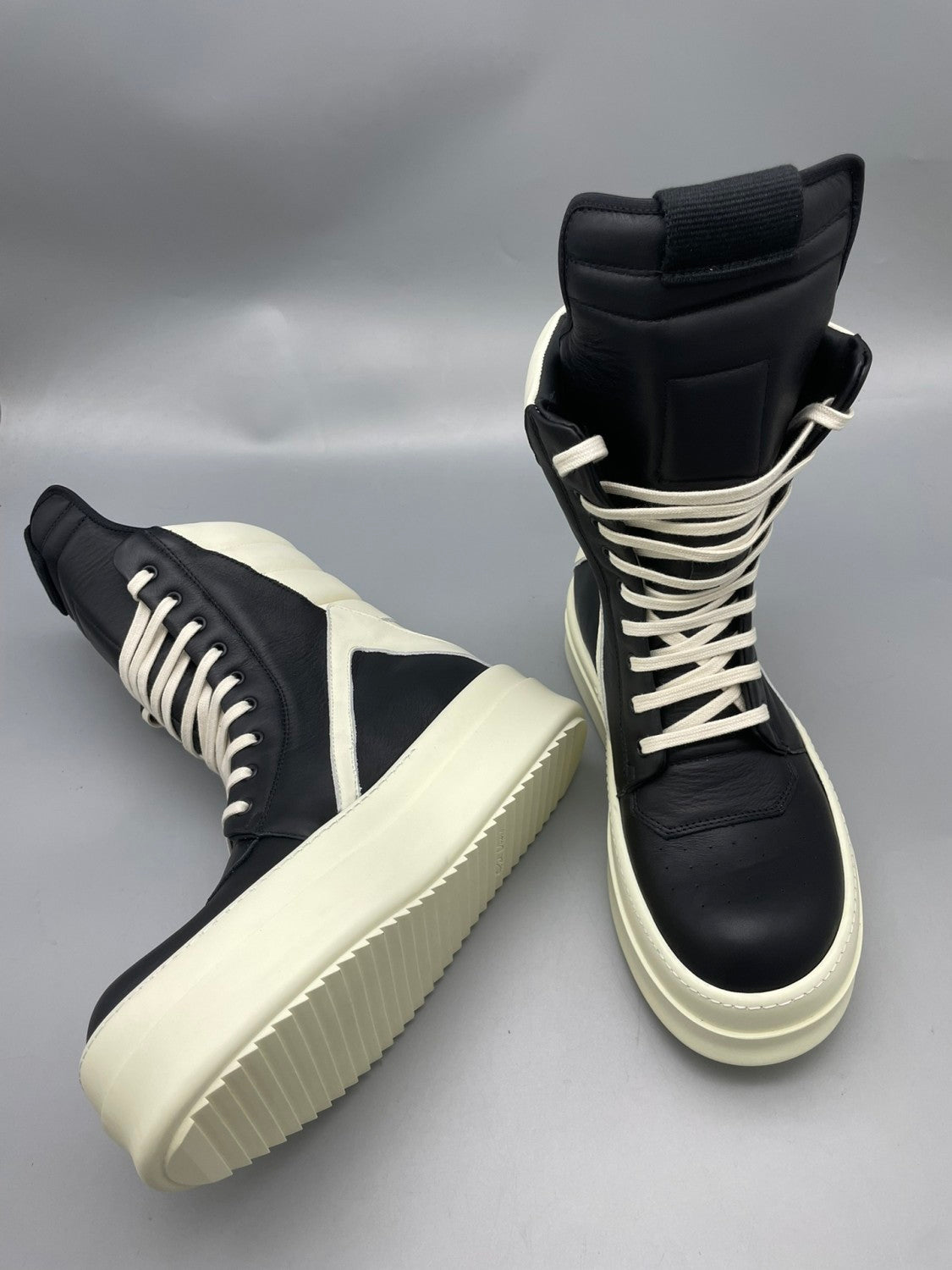 Men's And Women's Black And White Inverted Triangle High Top Lace Up Cowhide Shoes #77917