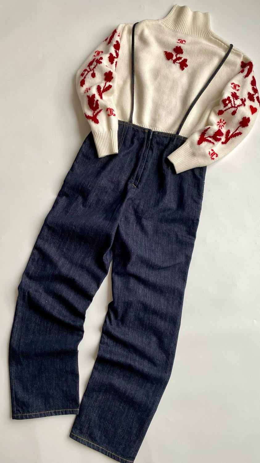 Women's Spring and Autumn Blue Double C Embroidered Pocket Straight Jeans Bib Pants #74778