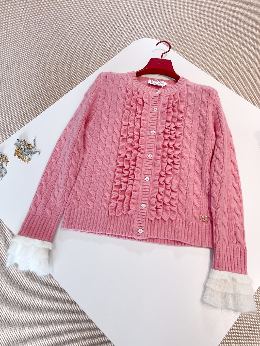 Women's Spring. Autumn And Winter V-Neck Ruffled Solid Color Knitted Sweater Long-Sleeved Cardigan Ngvp #1256