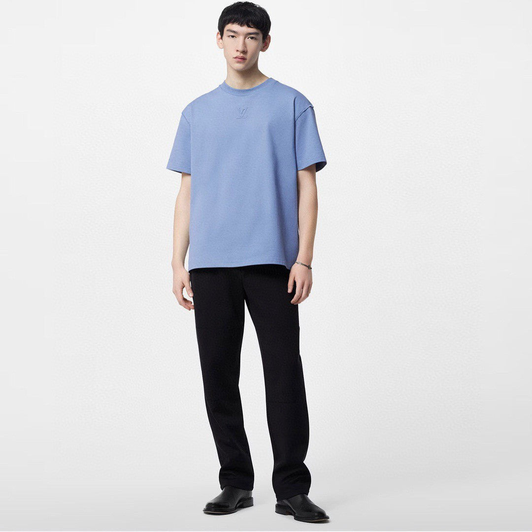 Men's And Women's Blue Embossed Logo Loose Round Neck Short Sleeve T-shirt #98495