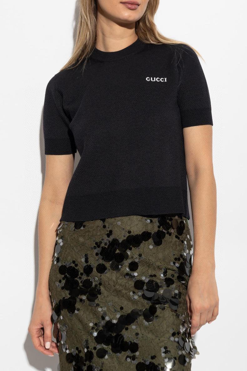 Women's Summer Solid Color Appliqued Knit Sweater Back Single Breasted Design Short Sleeve T-Shirt #75551