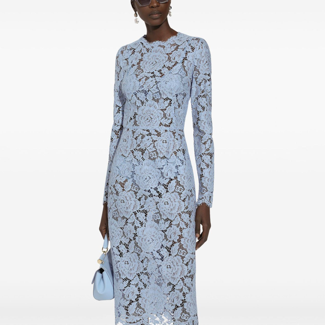 Women's Summer Blue Floral Lace Semi-sheer Round Neck Long Sleeve Dress Silk Camisole Lining #75161