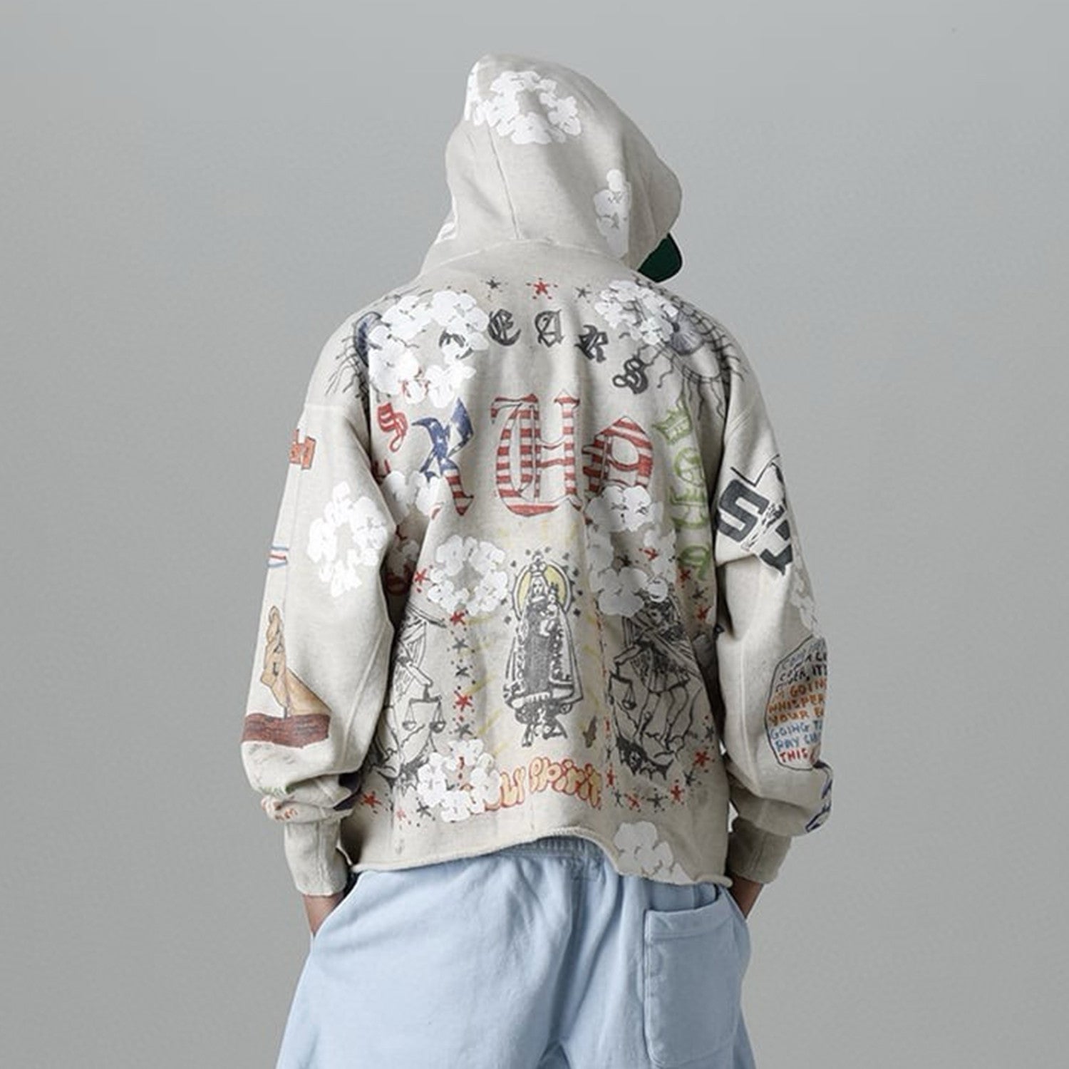 Men's And Women's Spring And Summer Graffiti Retro Old Letter Print Loose Casual Long-sleeved Hooded Sweater Tops Ngvp #8191