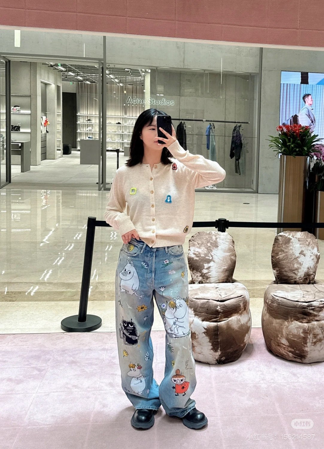 X Moomin Women's Spring/summer Straight Leg Casual Anime Print Fashionable High Street Wide Leg Loose Fit Denim Pants Ngvp #2176