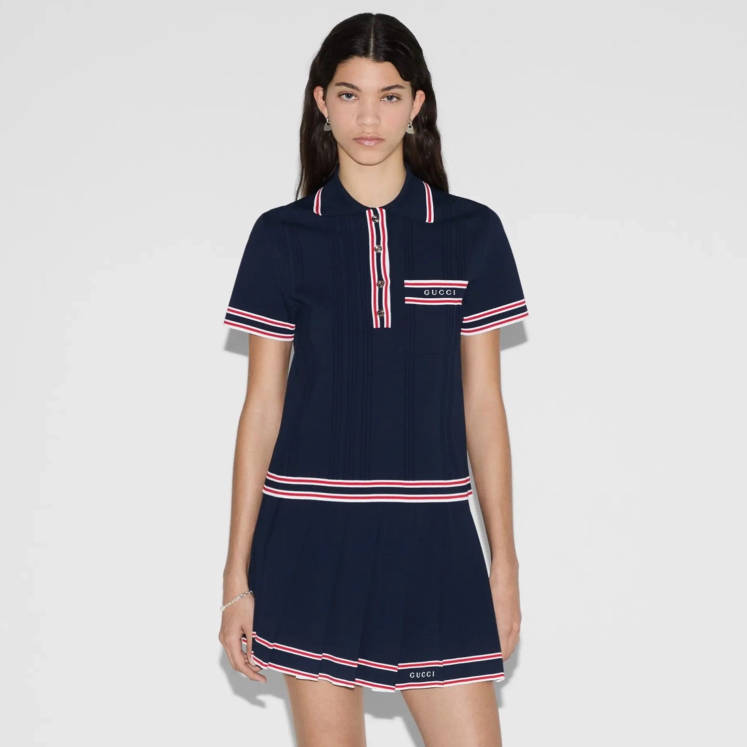 Women's Summer Logo Letter Embroidery Stripe Short Sleeve Polo Shirt T-Shirt Pleated Short Skirt Set Suit #72557