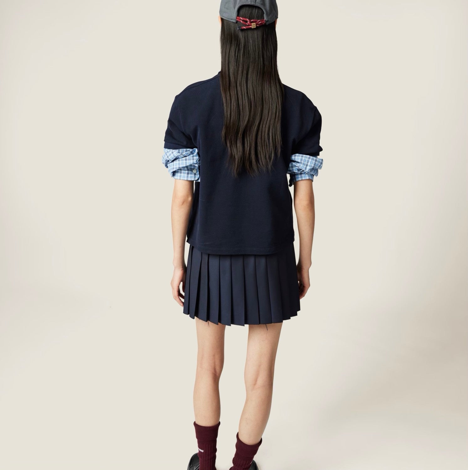 Women's Summer Classic Deep Blue Pleated Skirt - Academy Style Short Dress with Checkerboard Waistband & Delicate Ruffles #75715