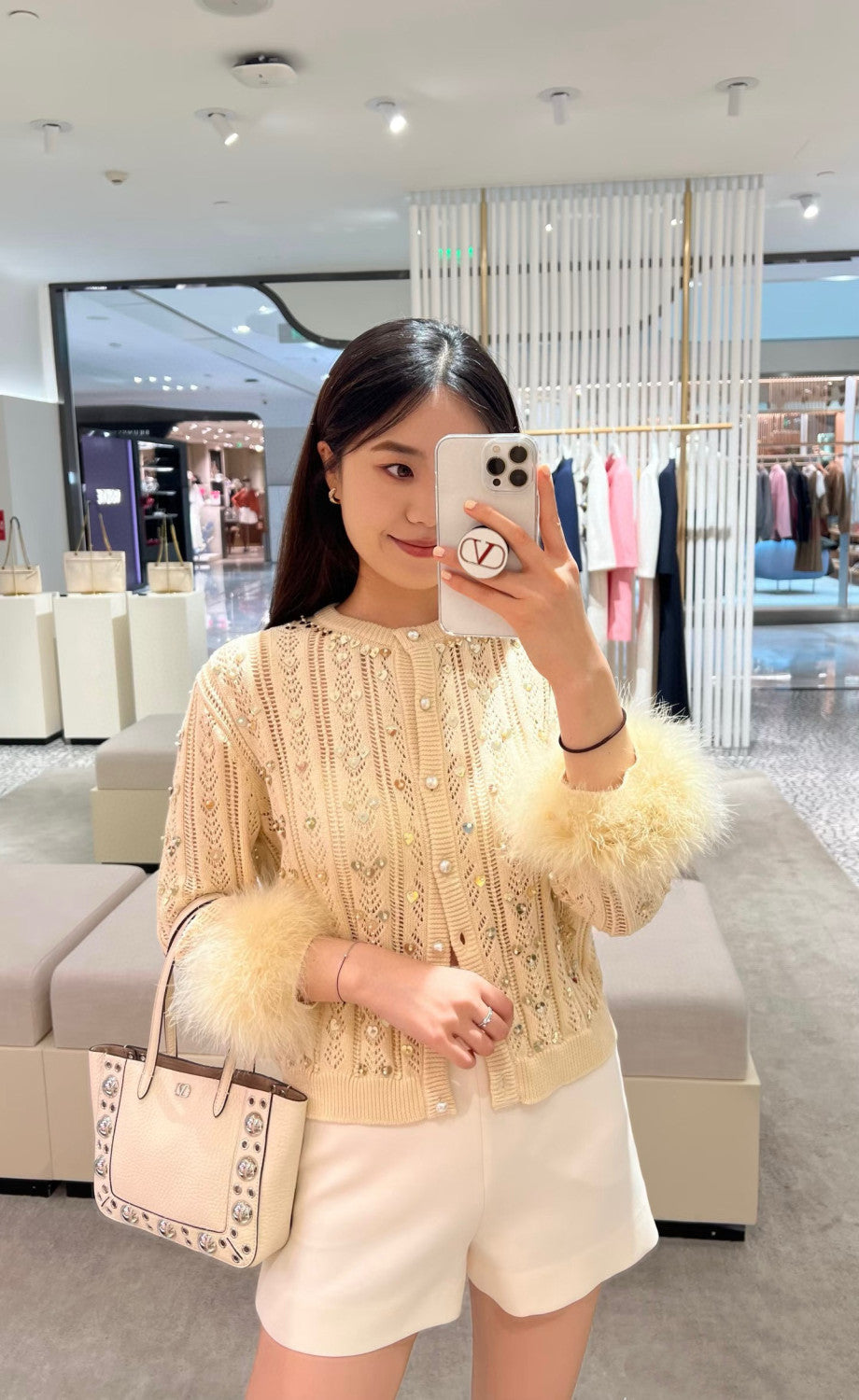 Women's Fall/Winter Beaded Solid-Color Embroidered Feather-Sleeve Crew Neck Single-bleated Button Knit Cardigan Ngvp #2381