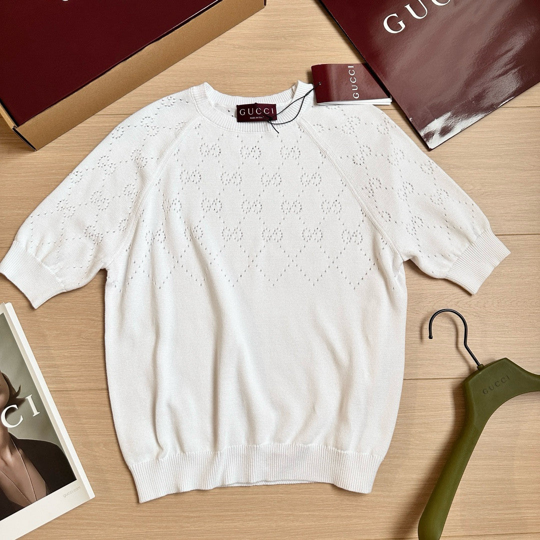 Women's Summer Solid Color Jacquard Round Neck Short Sleeve Knitted Sweater T-shirt #77163