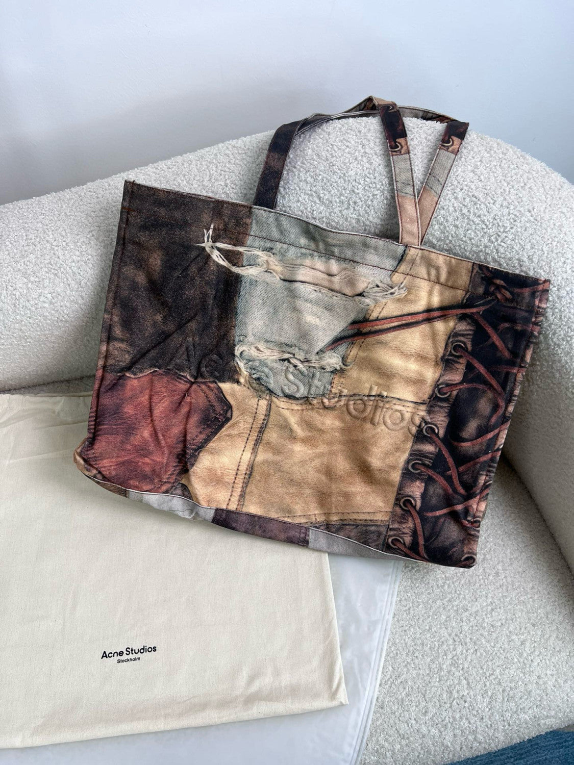 Acne Studios Women's Denim Fabric Vintage Old Logo Embossed Canvas Tote Shopping Bag Bags #99526