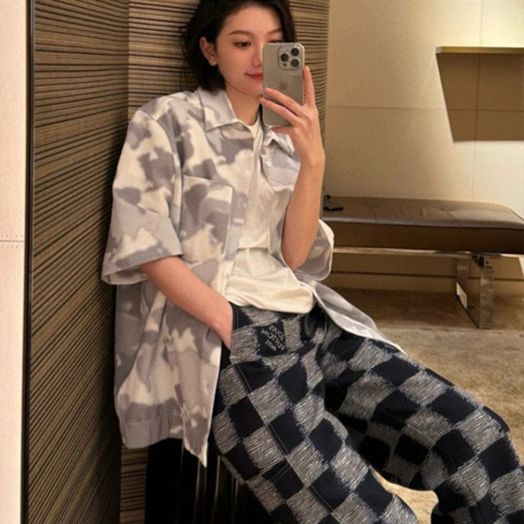 Men's Gray Summer Cotton Blend Single Breasted Camouflage Short Sleeve Fitted Shirt Ngvp #8211