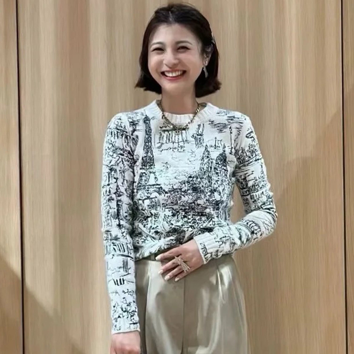 Women's Spring And Autumn Paris Lines Hand-painted Style Embroidered Wool Knit Crew Neck Sweater Ngvp #8733