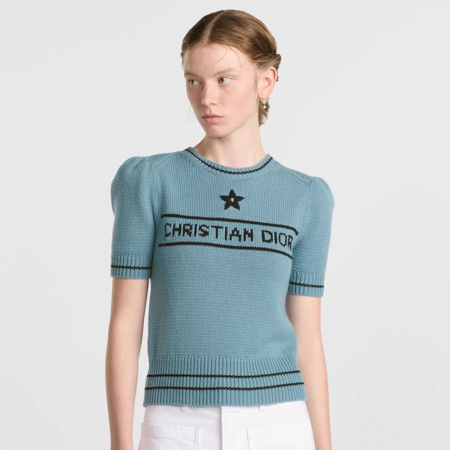 Women's Summer White Logo Round Neck Cashmere Knit Short Sleeve T-Shirt #74553