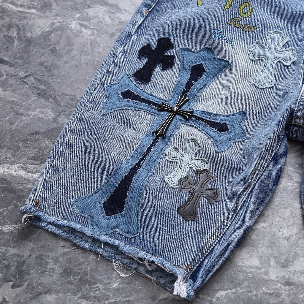Men's Summer Cross Embroidered Straight Casual Solid Color Washed Denim Shorts #72326