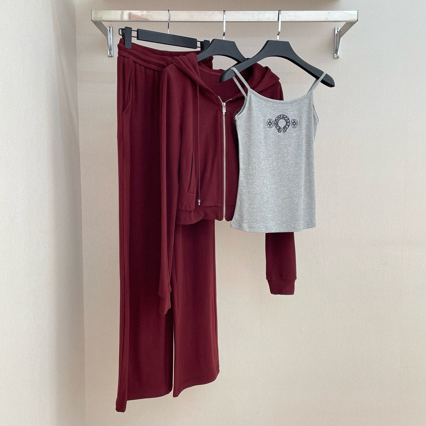 Women's Spring And Autumn Camisole Undershirt Zipper Hooded Long Sleeved Jacket Lace Up Casual Trousers Pants Three Piece Suit Set #73348