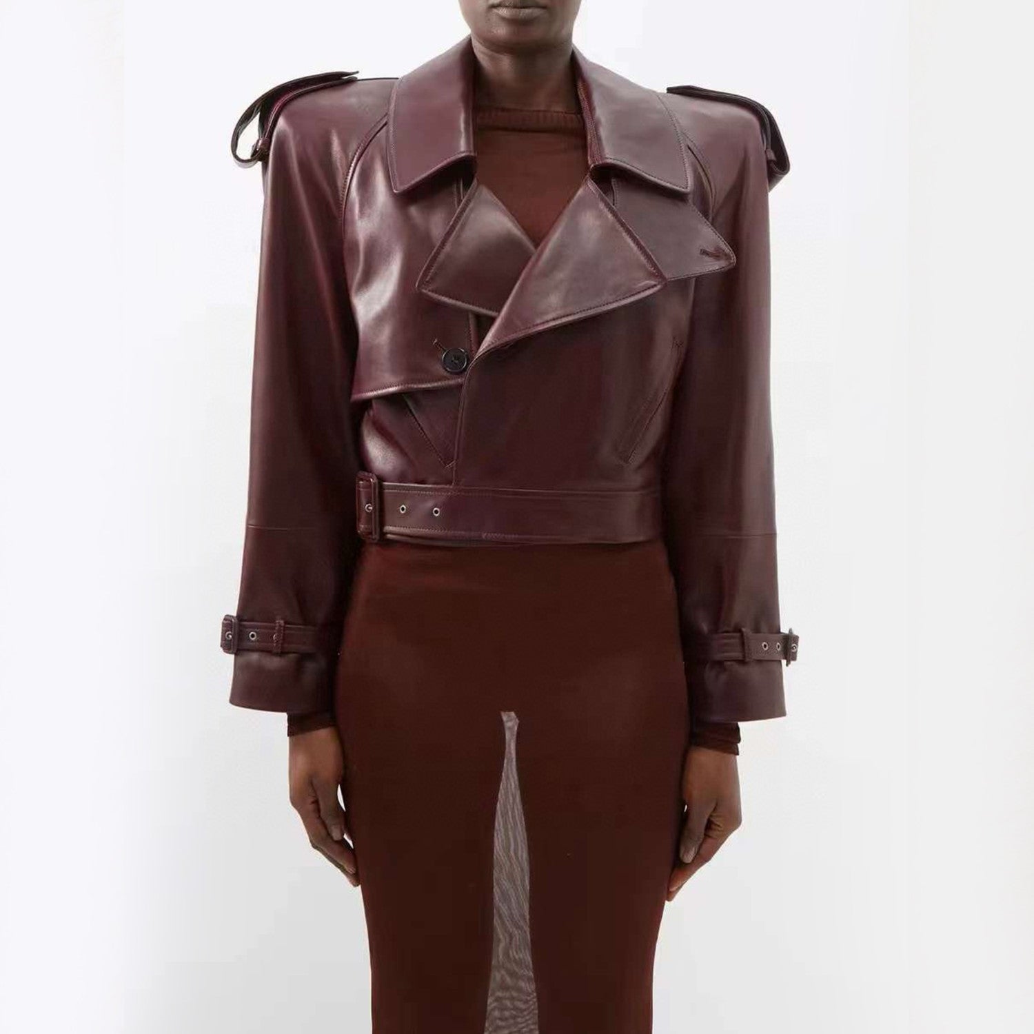 Women's Spring And Autumn Fashion High Street Sheepskin Lapel Short Leather Button Biker Leather Jacket Ngvp #8158