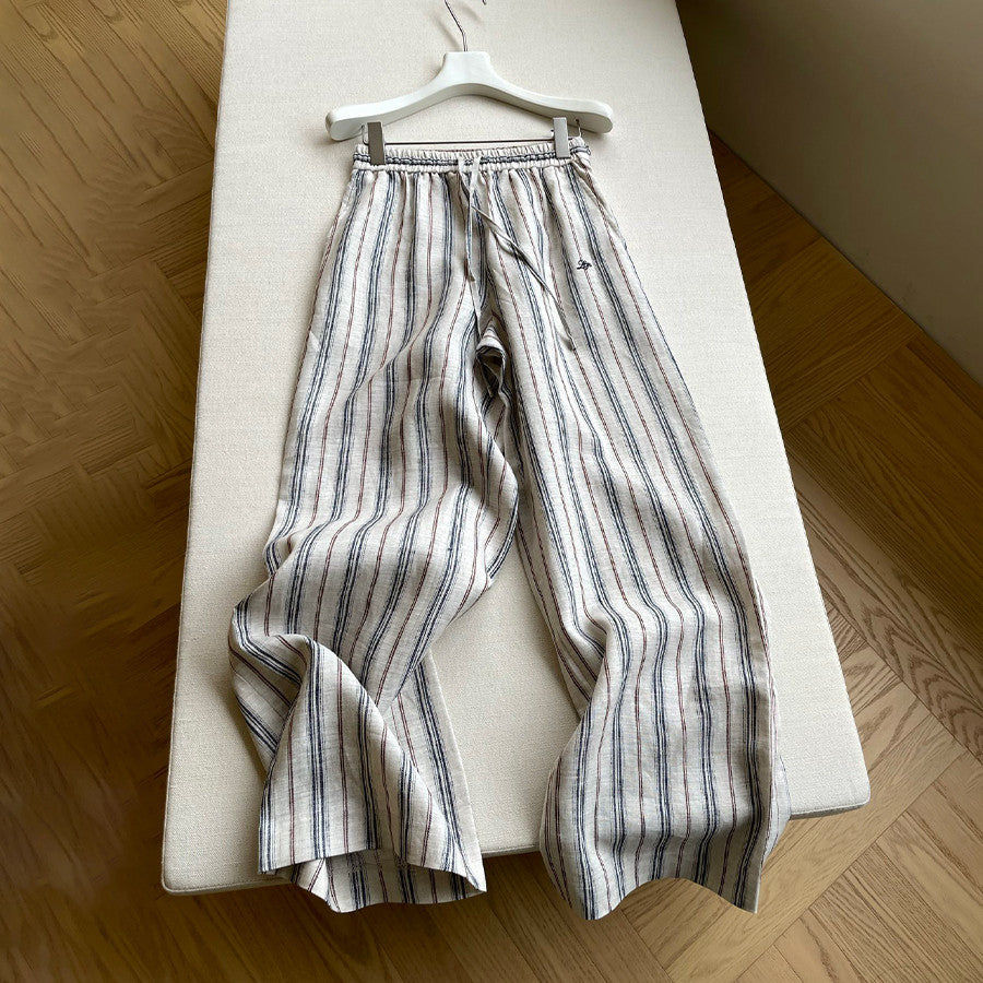 Women's Retro Striped Jacquard Elastic Waist Drawstring Loose Linen Wide Leg Pants Spring. Summer. And Fall Casual Long Pants Ngvp #2128