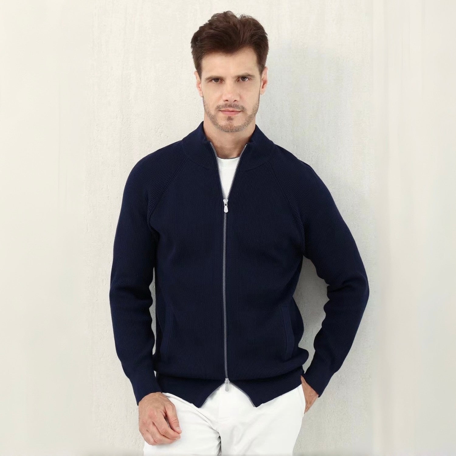 BC Men's Fall/Winter Fashion Casual Solid Color High Neck Double Zip Knit Cardigan #79221