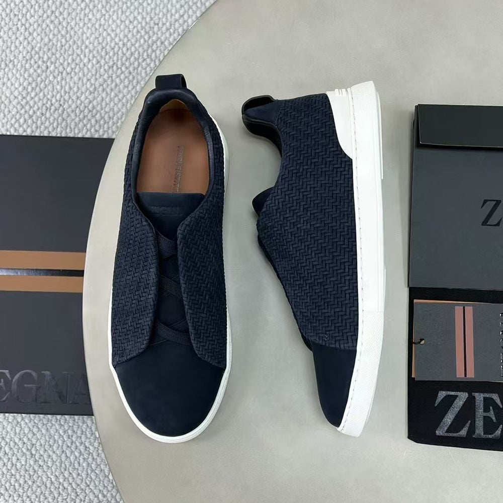 Ermenegildo Zegna Stitch Men's Solid Color Round Toe Slip-On Woven Leather Casual Skate Shoes #77926