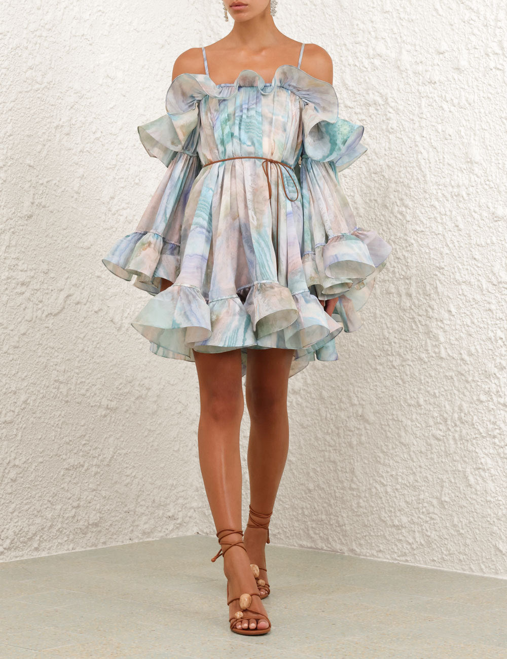 Women's Summer Blue Ruffle Design Adjustable Straps Silk Long Sleeve Dress #75613