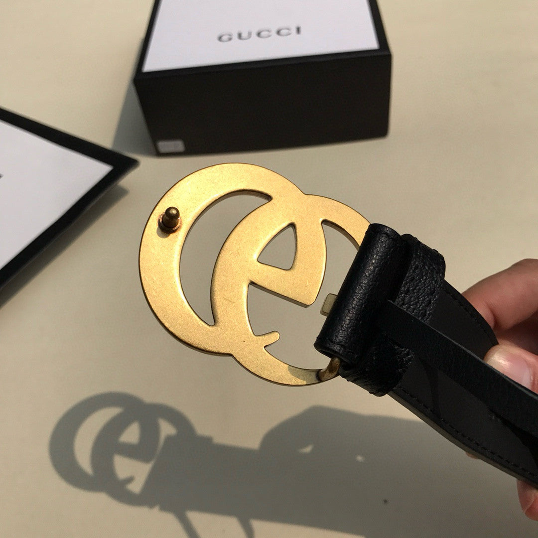 Men's and Women's Gold Double G Buckle Black Leather Belts #98791