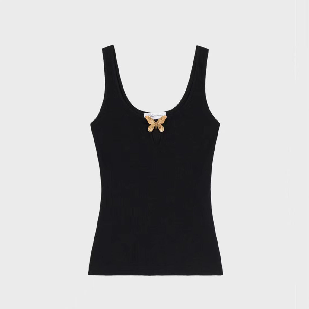 Blumarine Women's Spring And Summer Delicate Butterfly Metal Jewelry Vest Stretch Black Undershirt Fashion Casual Knit Sleeveless Tops Ngvp #8912