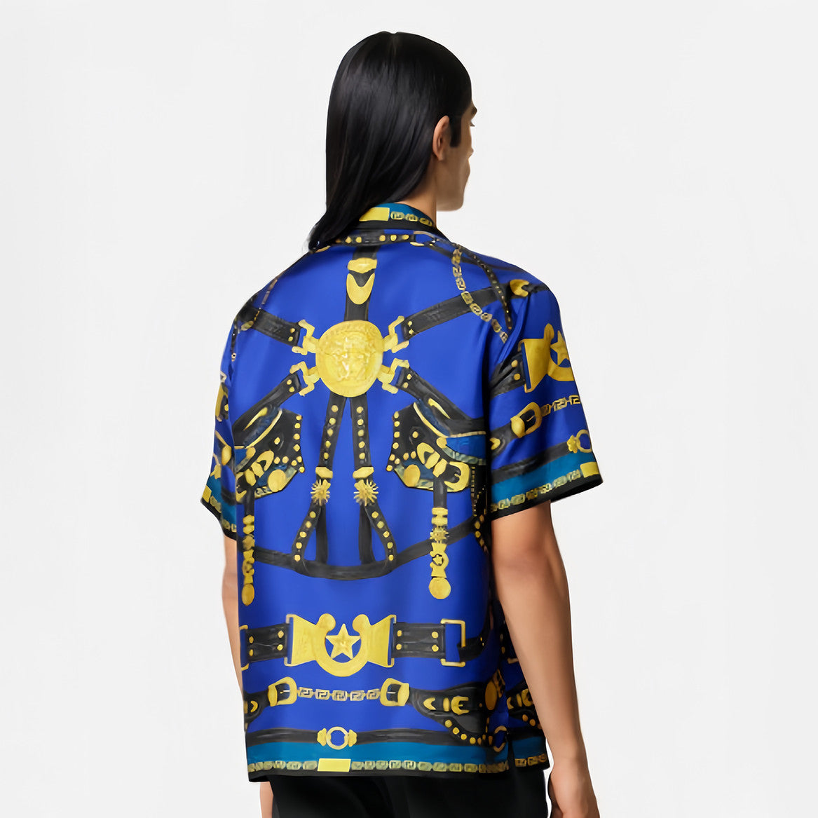 Men's Summer Fashion Lapel Single Breasted Short Sleeve Medusa Saddle Silk Shirt Ngvp #7951