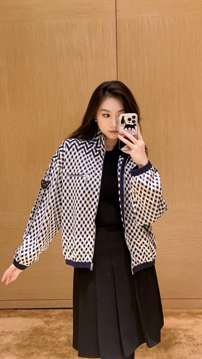 Women's Spring And Autumn Graphic Damier Full Print Stand Collar Zipper Long Sleeve Jacket Casual DAMIER Jogging Pants Ngvp #9426