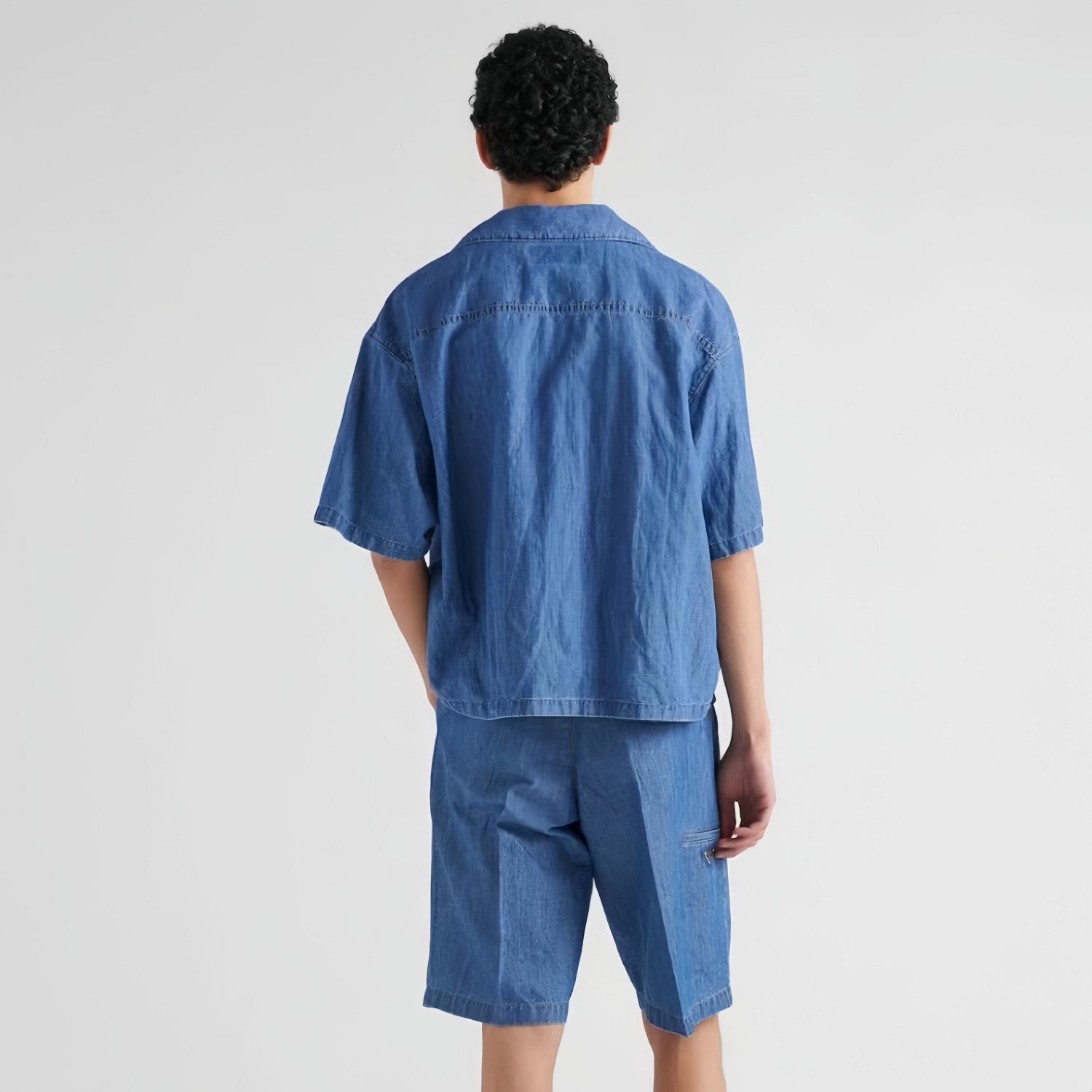 Men's Summer Blue Lapel Single Breasted Short Sleeve Denim Shirt Jacket Shorts Set Suit #98554