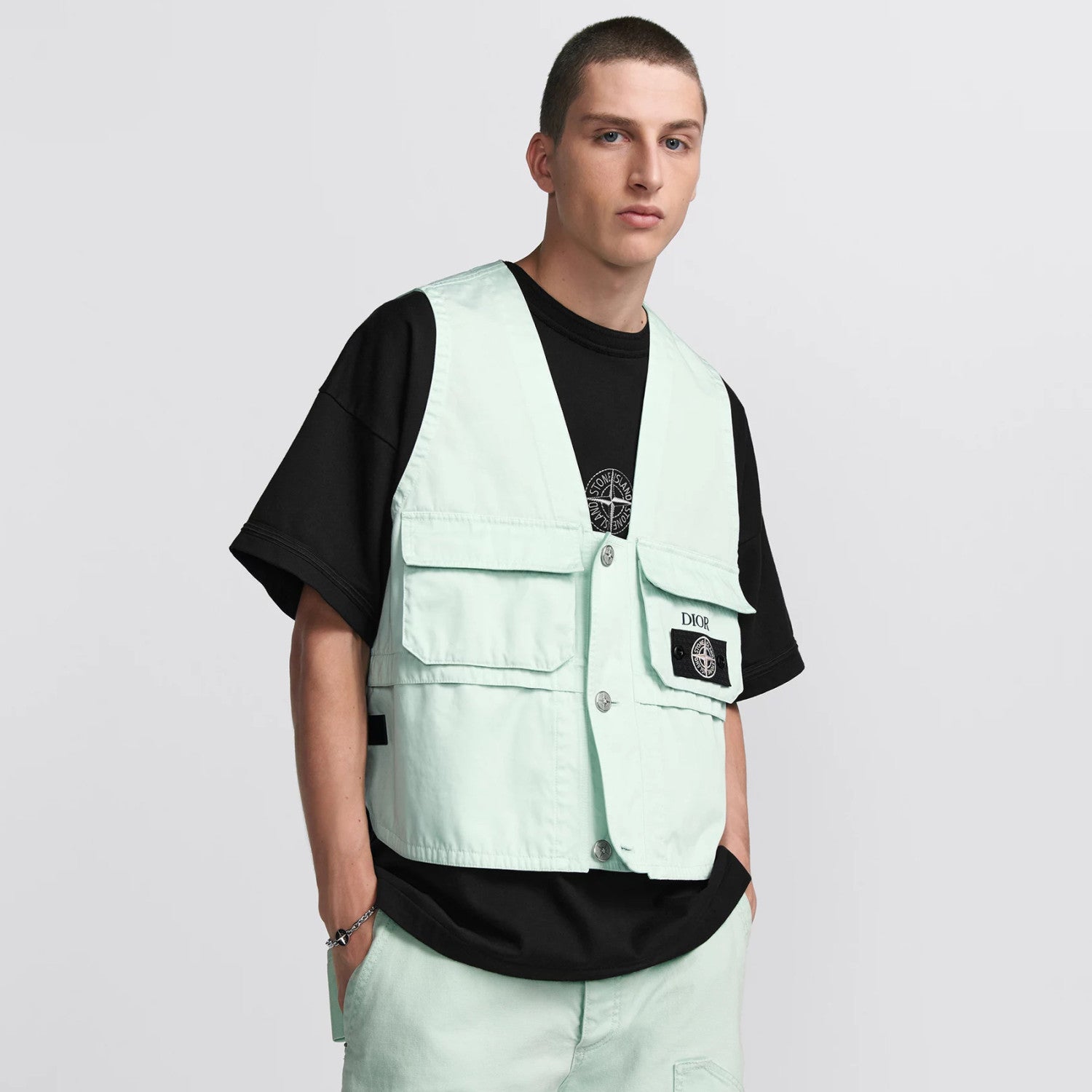 X Stone Island Men's Solid Color Letter Logo Patch V-Neck Single Breasted Cotton Vest Jacket #72812