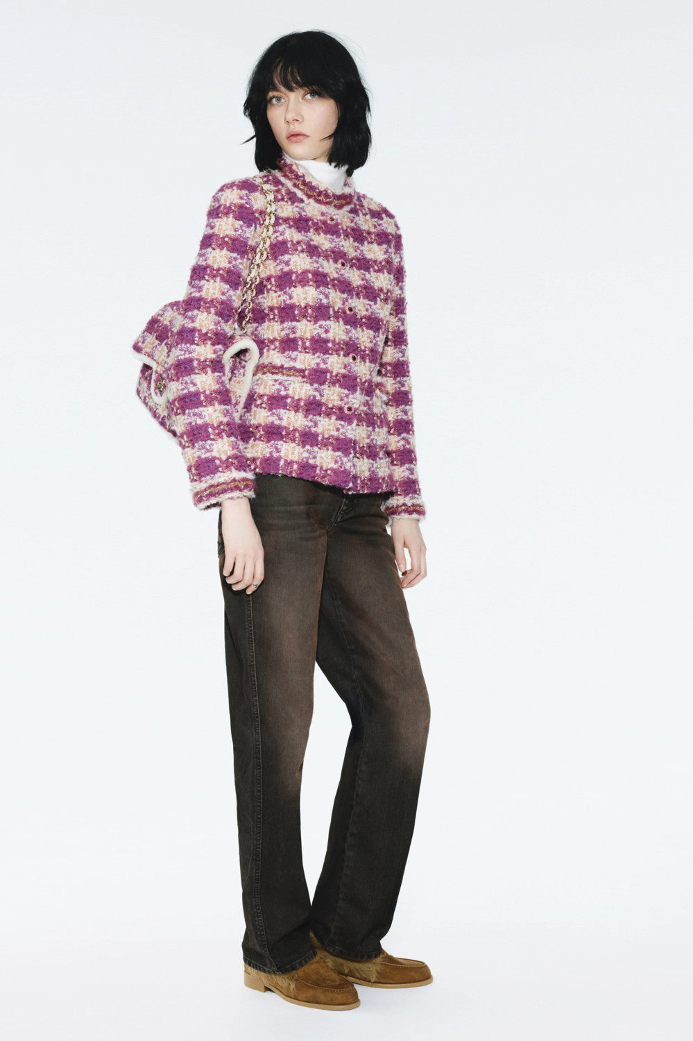 25 New Arrival Women's Sequined Tweed Jacket with Retro Check Woven Pattern and Metal Button Opening #83194A