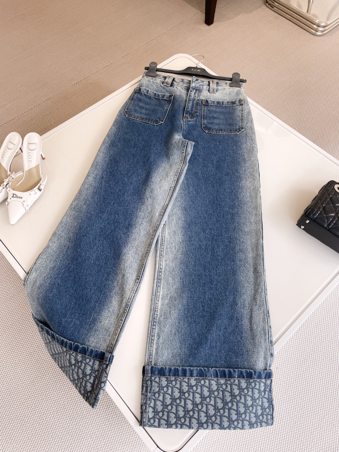 Women's Four Seasons Mid Waist Zipper Solid Color Cotton Loose Washed Rolled Flare Jeans Denim Pants #71884