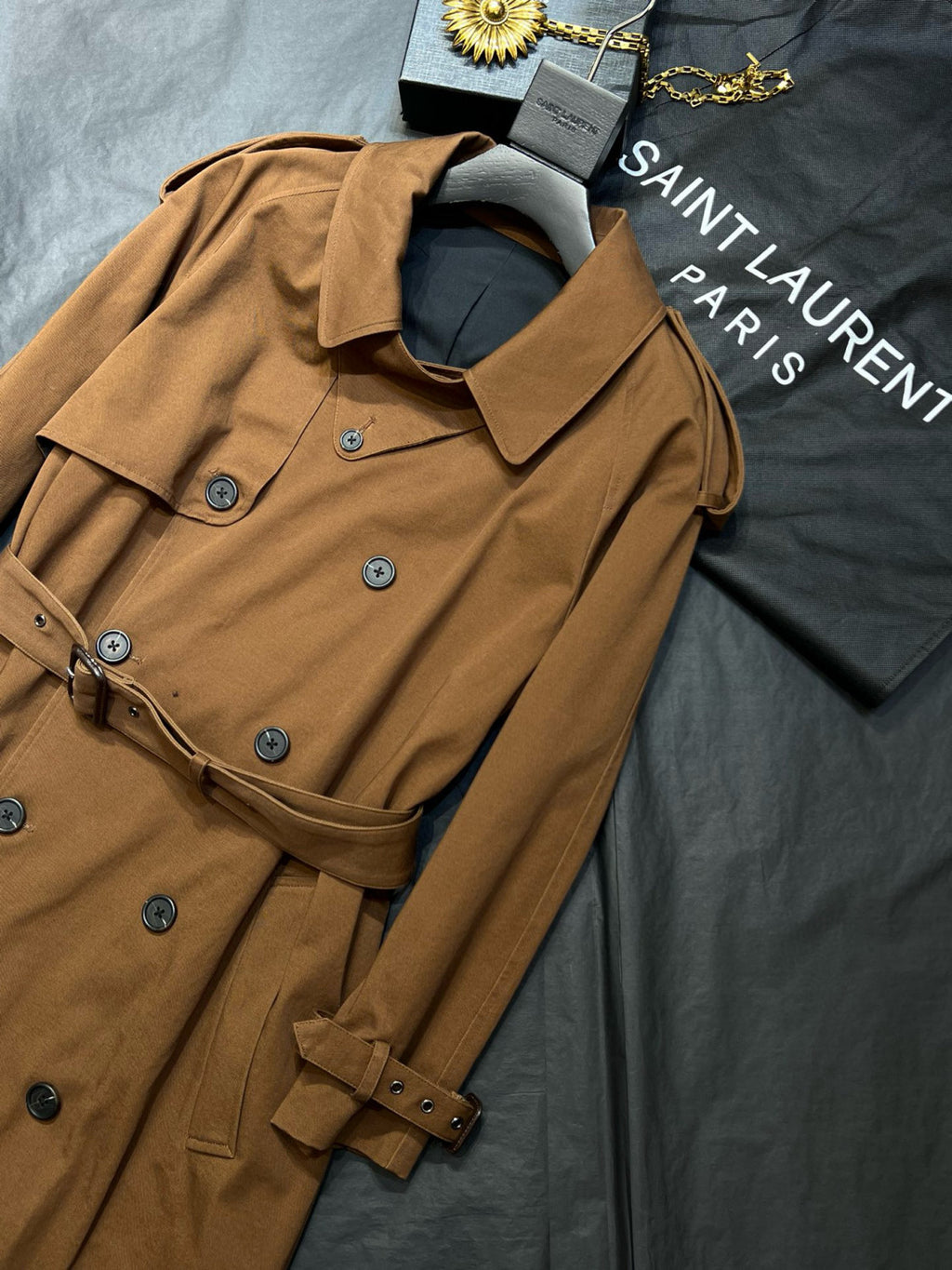 Women's Spring And Autumn Solid Color Belt Double-Breasted Buckle Lapel Medium-Length Cotton Long-Sleeved Windbreaker Jacket Ngvp #7867