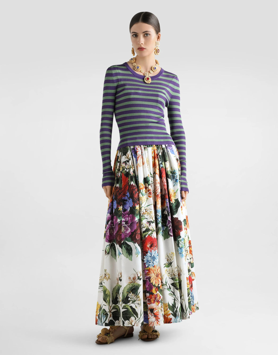 Women's Bouquet Flower-Print Summer Casual Wide Skirt Resort-Style Solid Color Skirt Ngvp #2376