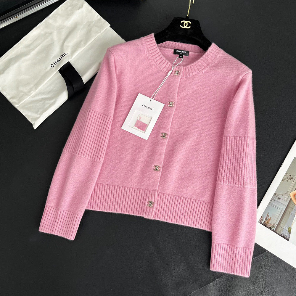 Women's Spring And Autumn Solid Color Round Neck Single Breasted Long Sleeved Knit Sweater Jacket #73426