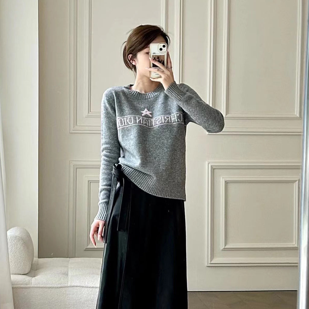 Women's Autumn And Winter Jacquard Knit Sweater Gray Pink 100% Cashmere Fabric With Logo Round Neck Long Sleeve Pullover Knitted Sweater #71784