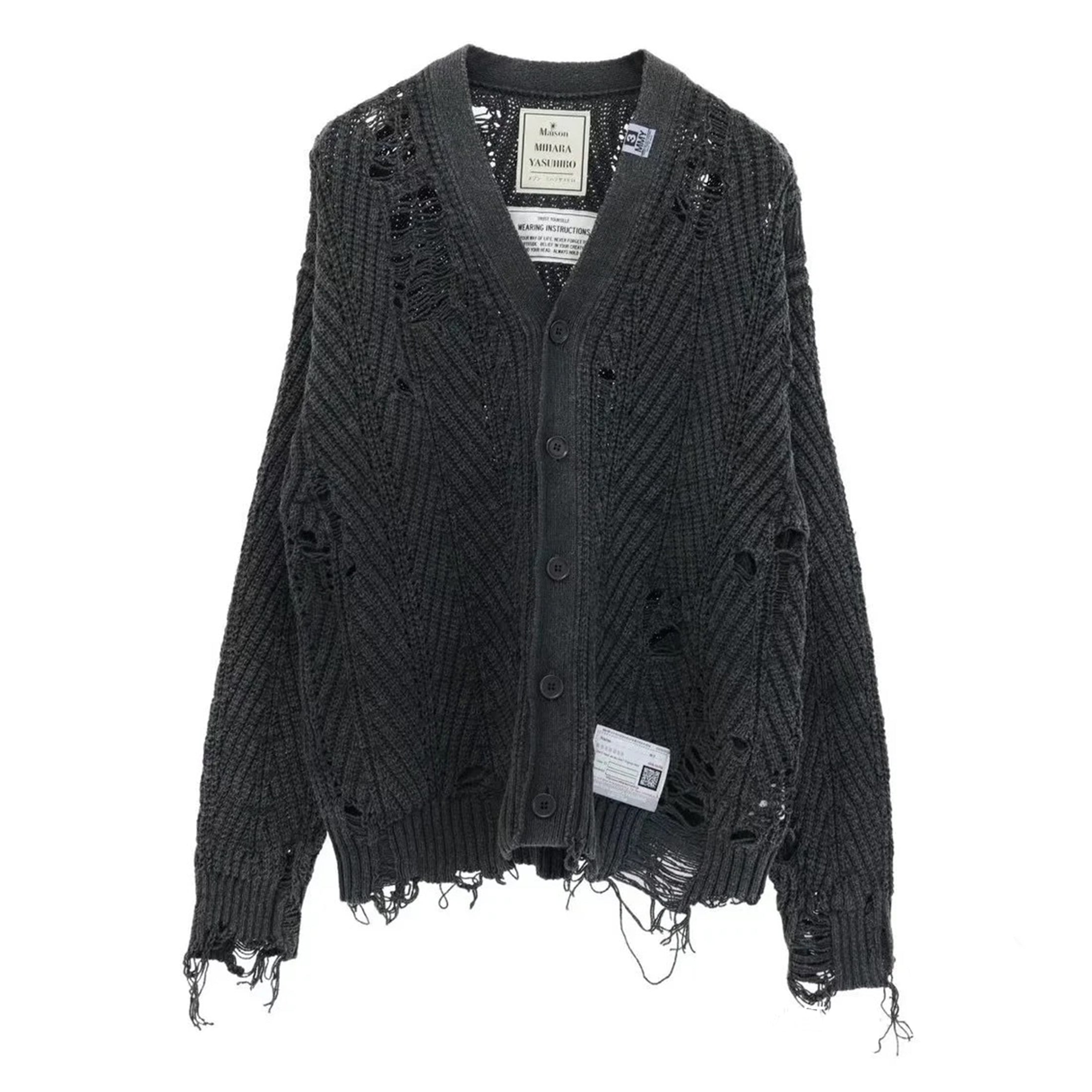 Maison Mihara Yasuhiro Men's Women's Autumn And Winter Retro Old High Street Hole Breaking Sweater Single Breasted V-neck Long Sleeve Knitted Cardigan Sweater Ngvp #8791