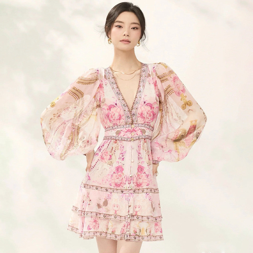 Camilla Women's Summer Pink Floral Printed V-Neck Rhinestone Embellished Silk Loose Long Sleeve Dress Ngvp #8824