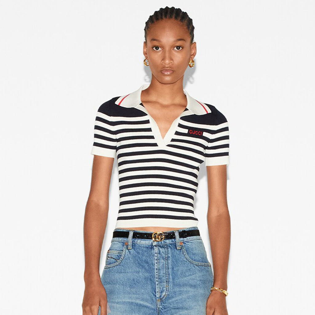 Women's Spring And Summer Striped Letter Logo Polo Knit Sweater Fashion Casual Temperament V-neck Short Sleeve T-shirt  #71379