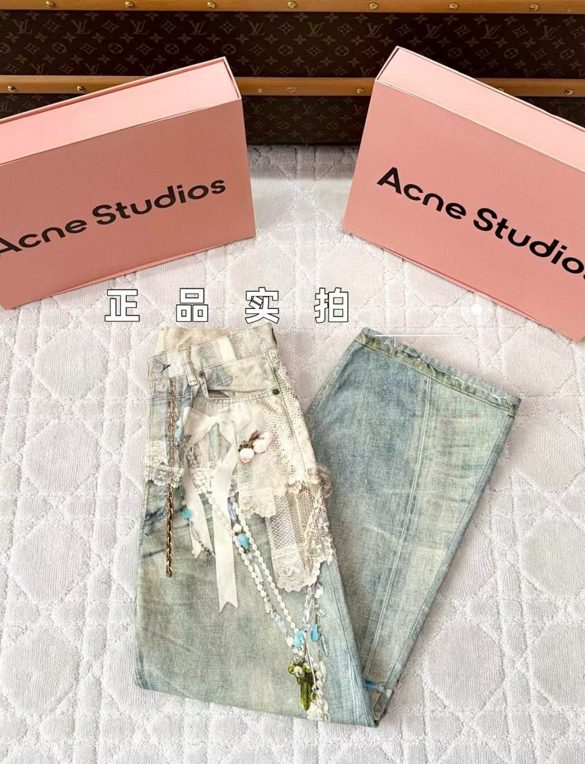 Men's Women's Four Seasons Lace Pearl Chain Printed Zipper Loose Low Waisted Denim Pants Wide Leg Machete Pants Ngvp #1938