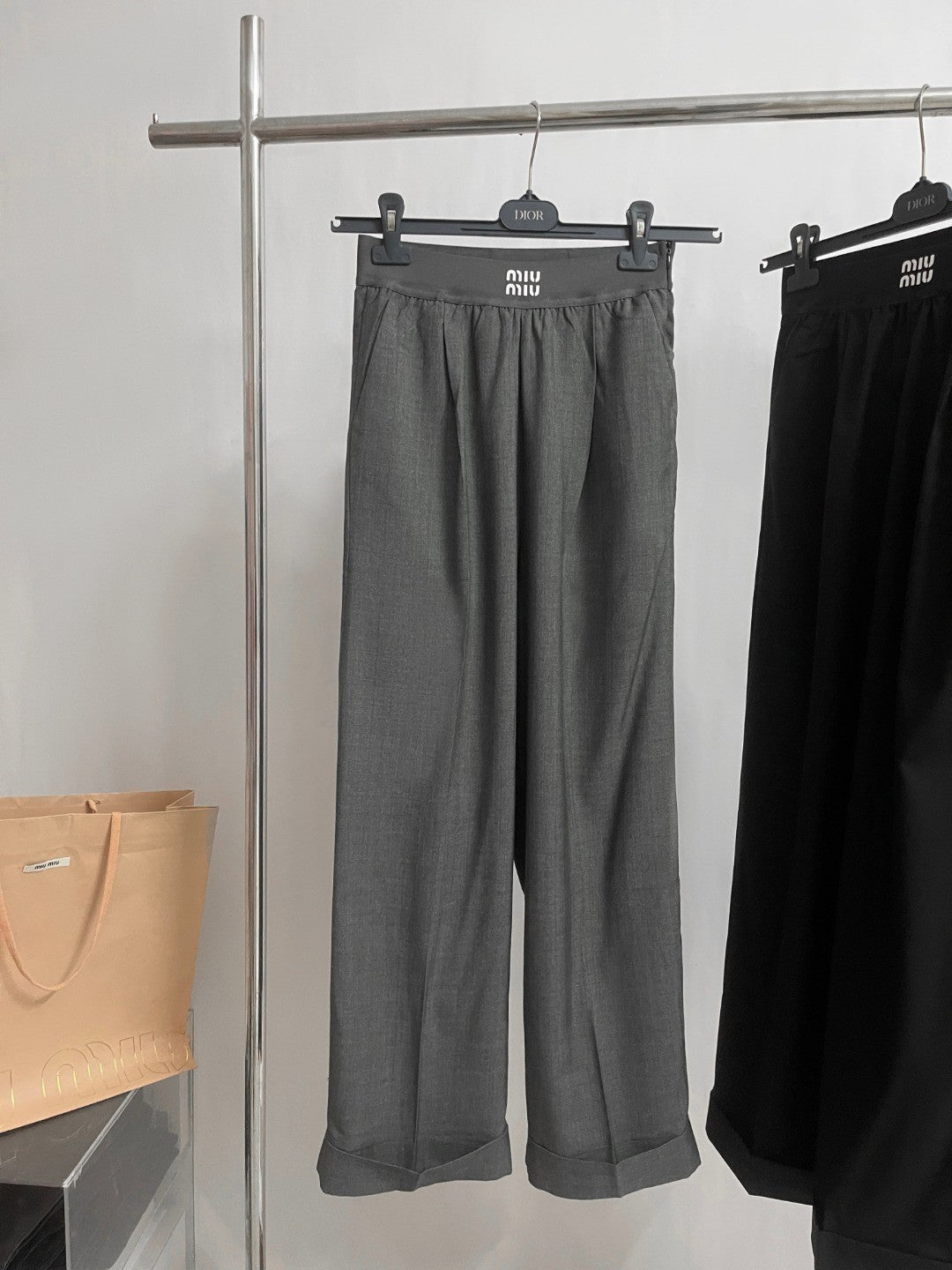 Women's Spring and Autumn Gray Check Elastic Mid Waist Wide Leg Casual Pants #74783