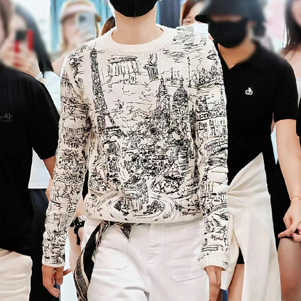 Women's Spring And Autumn Paris Lines Hand-painted Style Embroidered Wool Knit Crew Neck Sweater Ngvp #8733