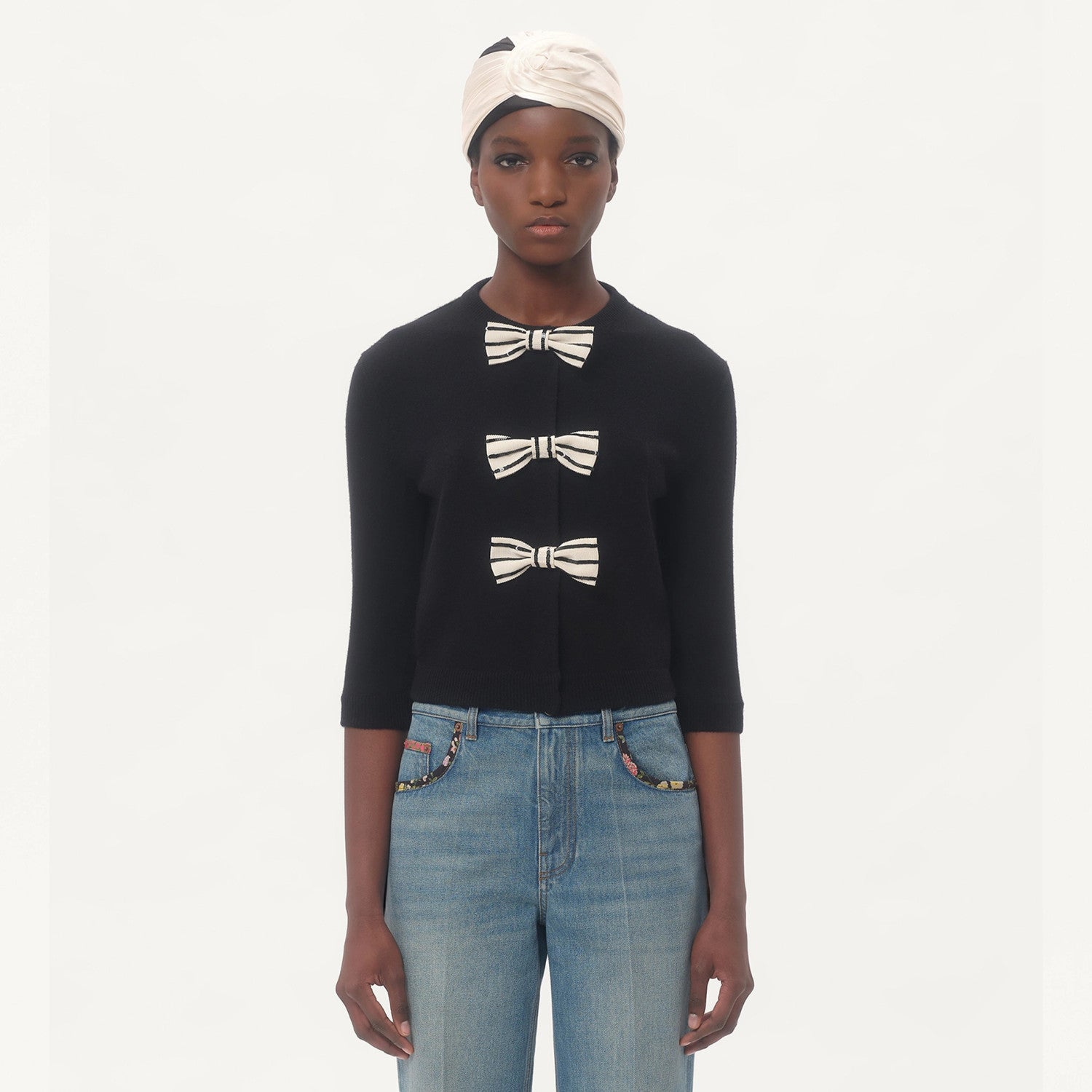 Women's Embroidery Bow Cardigan Black Wool Knit Medium Sleeve Round Neck Temperament Elegant Casual Top T-shirt Ngvp #1339