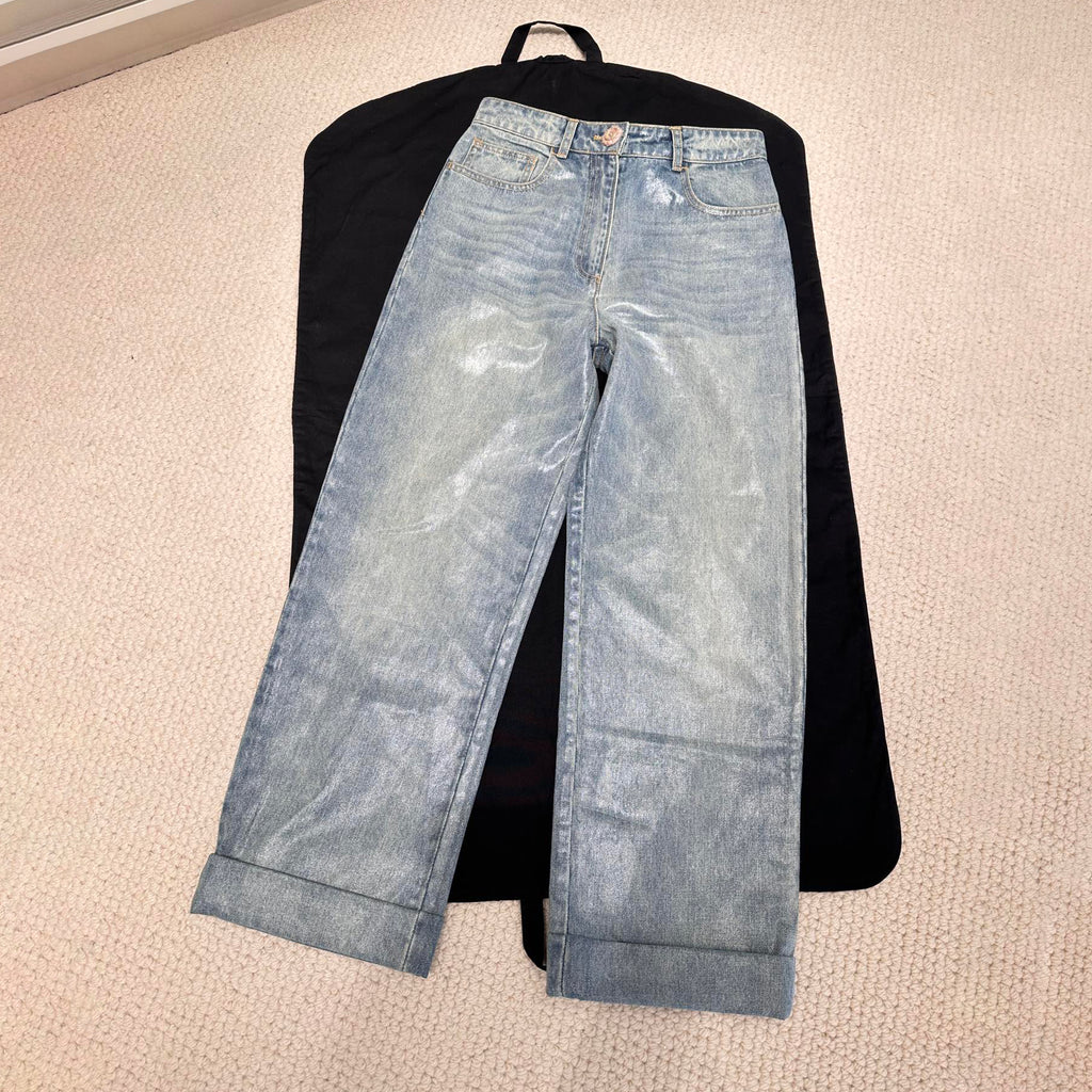 Women's Spring and Autumn Solid Color Zipper Closure Waterproof Coated Jeans Pants #74368