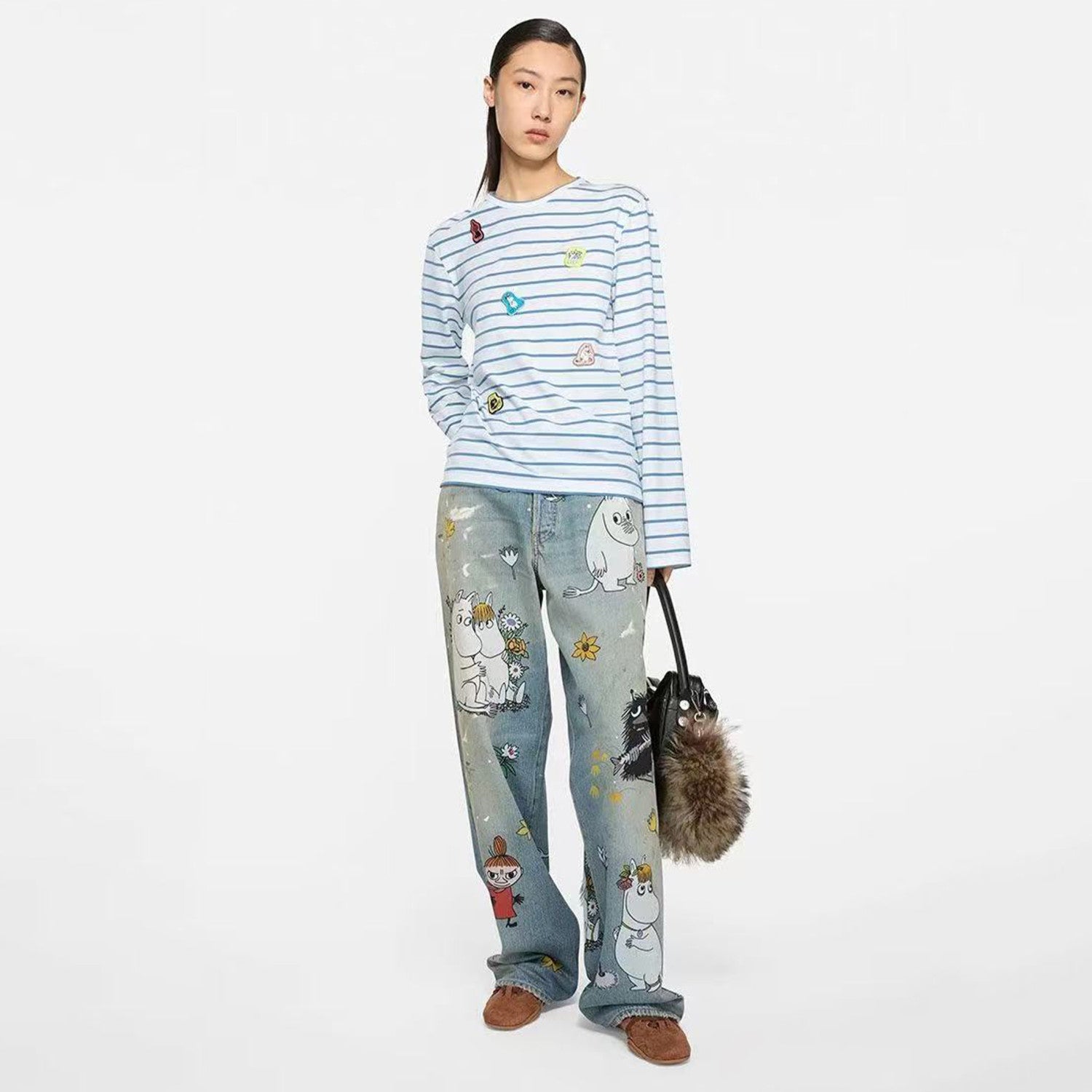 X Moomin Women's Spring/summer Straight Leg Casual Anime Print Fashionable High Street Wide Leg Loose Fit Denim Pants Ngvp #2176