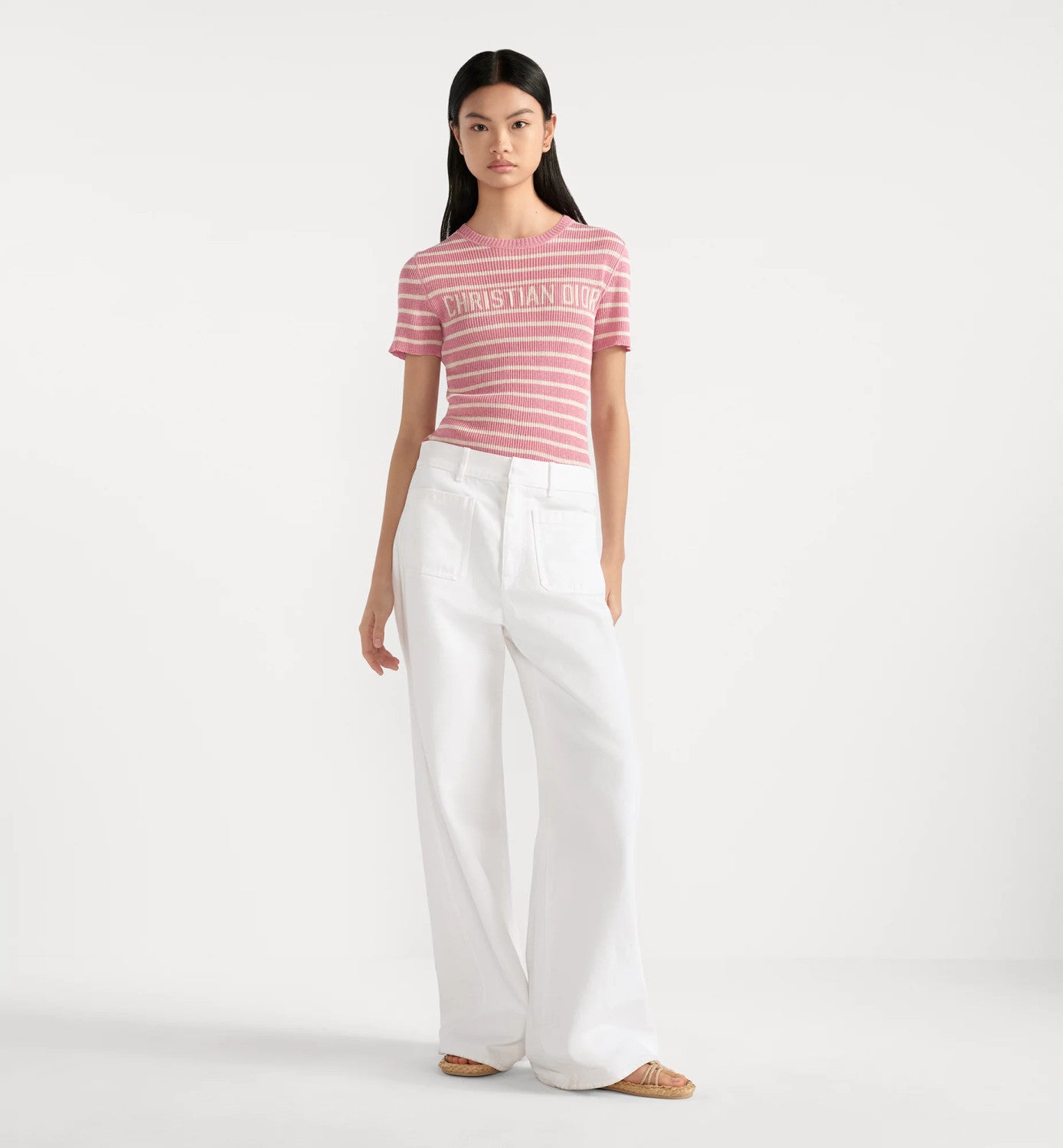 Women's Dioriviera Spring & Autumn Colorblocked Stripe Silk Linen Blend Short Sleeve Knit Stretch Sweater #81294