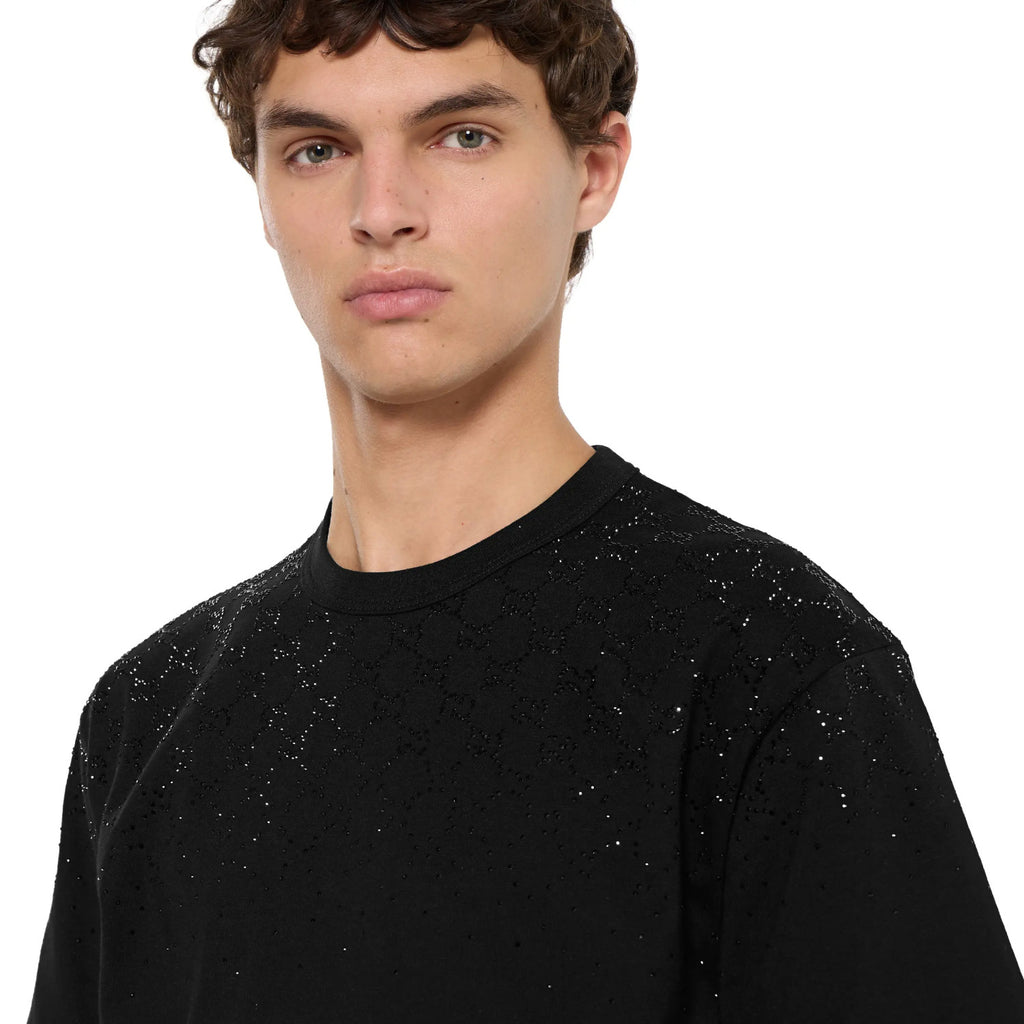 Men's Spring/Summer GG-Embellished Imitation Crystal Knit Cotton T-Shirt Black Gradient Subtle Short-Sleeve Fashionable Trendy T-Shirt #194064
