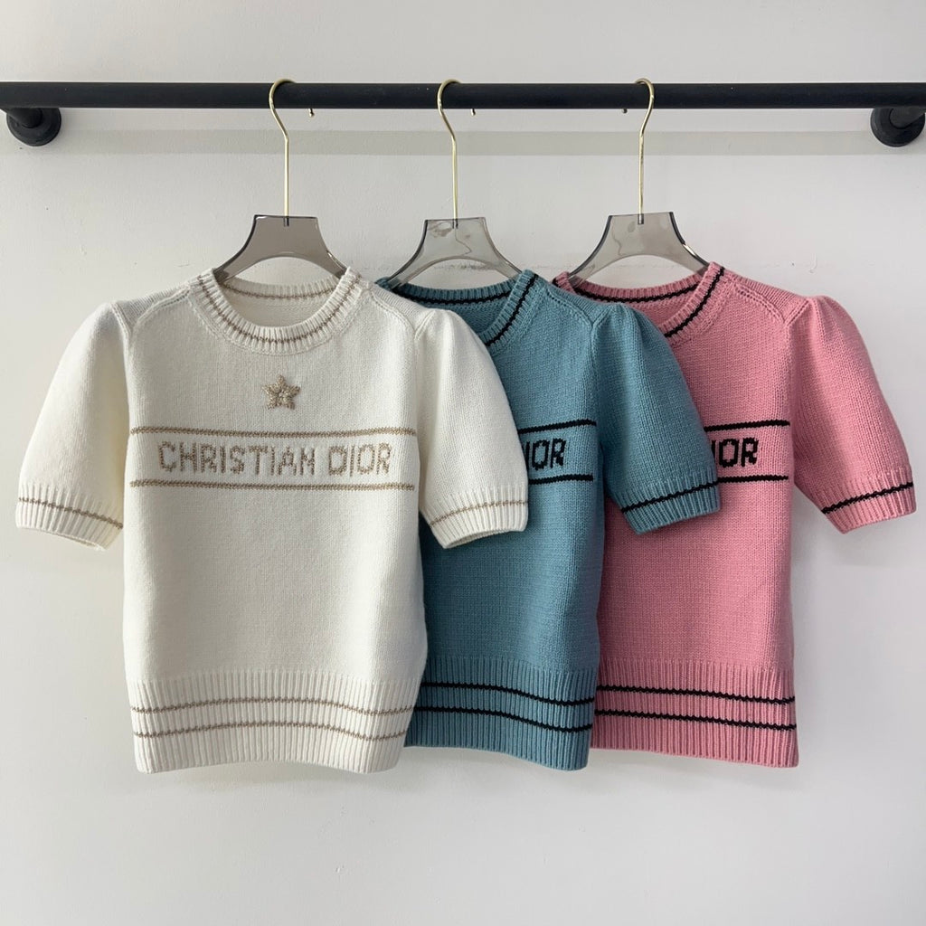 Women's Wool Blend Knit Short Sleeve Top Round Neck Fashion Temperament Short T-Shirt Knitwear #81137