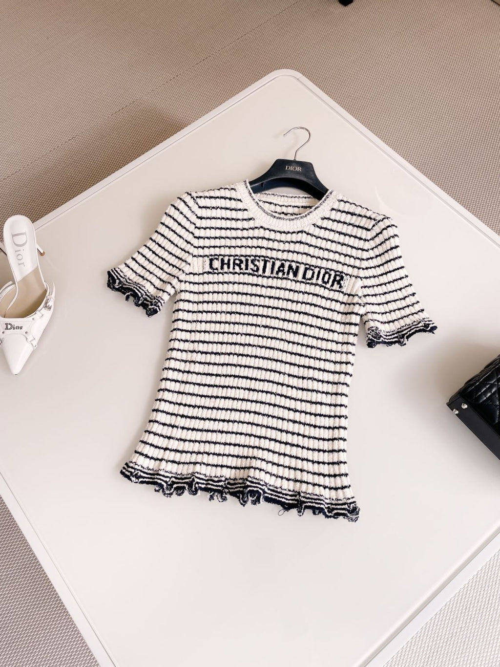 Women's Summer Logo Letter Printed Striped Round Neck Knit Short Sleeve T-Shirt #74843