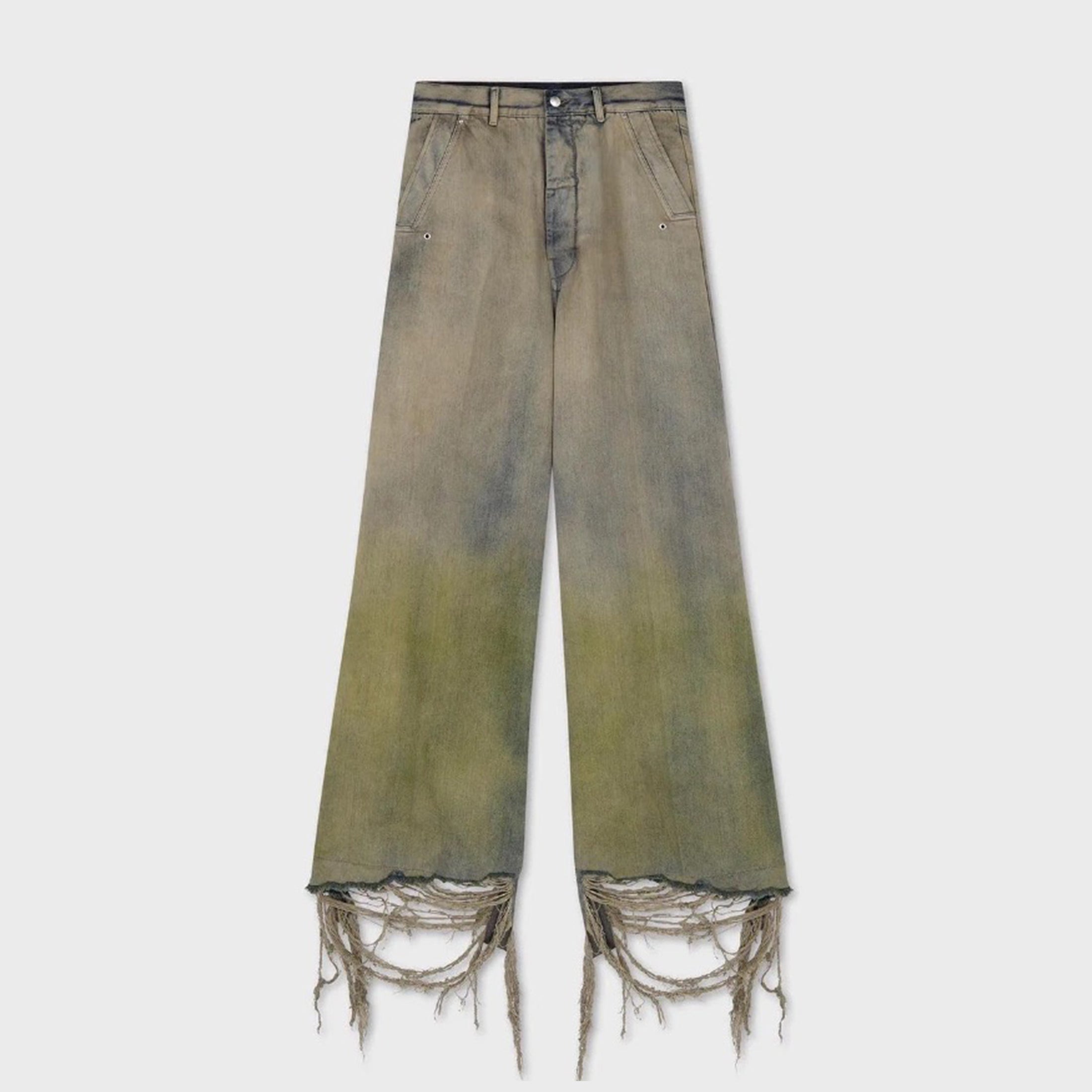 Men's Women's Four Seasons Gradient Yellow Green Washed Vintage Hole Breaking Wide Leg Denim Long Pants Ngvp #8192