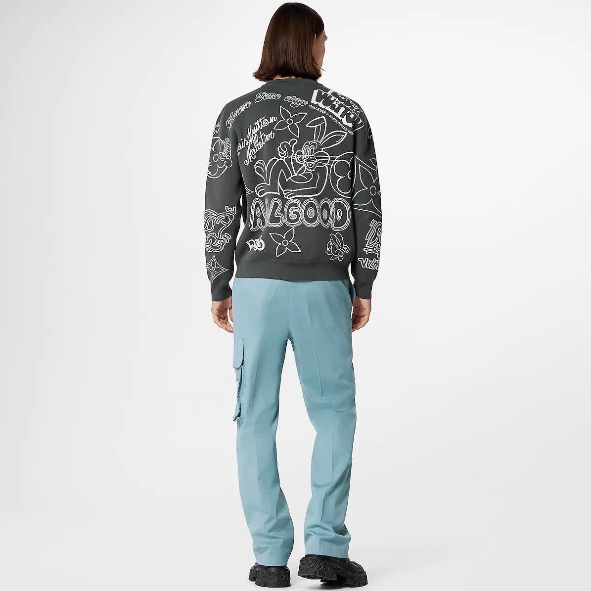 LV Rabbit Cartoon Knitted Sweater Men's Fall/winter Gray And White Pattern Jacquard Pullover Knit Sweater #82347A